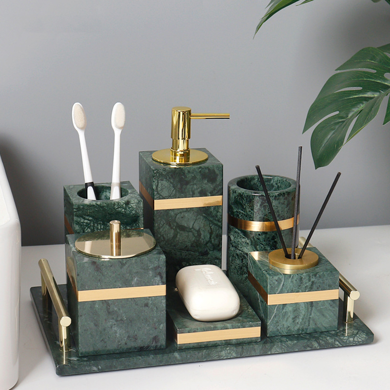 Ensemble mitigeur de douche en marbre vert, salle de bain avec garniture dorée