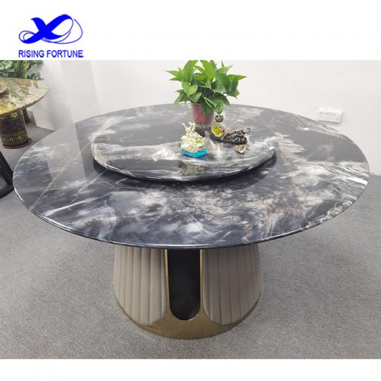 Table à manger en marbre ronde de luxe sertie de pieds de table en acier inoxydable