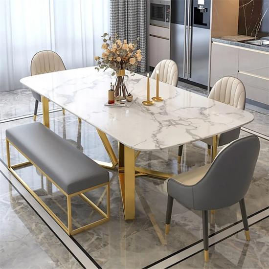 table de salle à manger rectangle moderne en marbre base dorée en acier inoxydable
