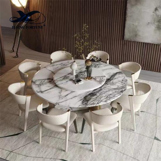 Table à manger en marbre ronde de luxe sertie de pieds de table en acier inoxydable