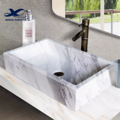RF Luxury decorative white marble wash basin rectangular sink with tap hole for sale