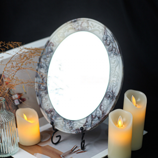 RF-Miroir de coiffeuse à LED en onyx naturel | Miroir de maquillage en marbre pour salle de bains Airbnb