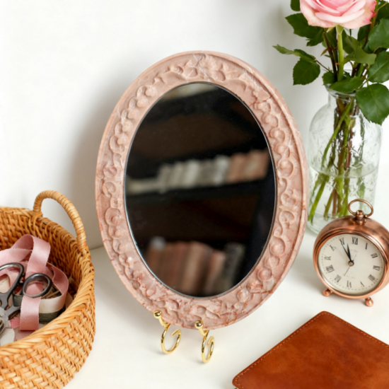 RF-Miroir de coiffeuse à LED en onyx naturel | Miroir de maquillage en marbre pour salle de bains Airbnb