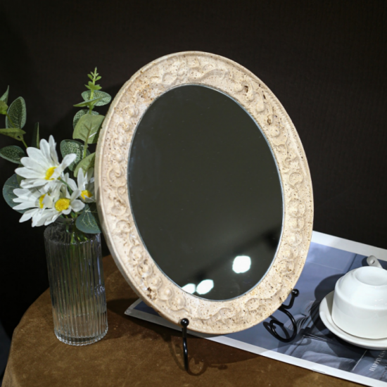RF-Miroir de coiffeuse à LED en onyx naturel | Miroir de maquillage en marbre pour salle de bains Airbnb