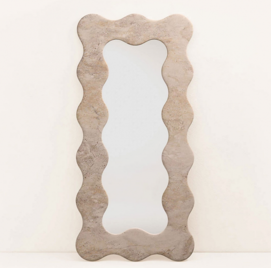 RF-Wavy Miroir sur pied en marbre naturel, miroir corporel entier rétro français à vagues pour la décoration intérieure