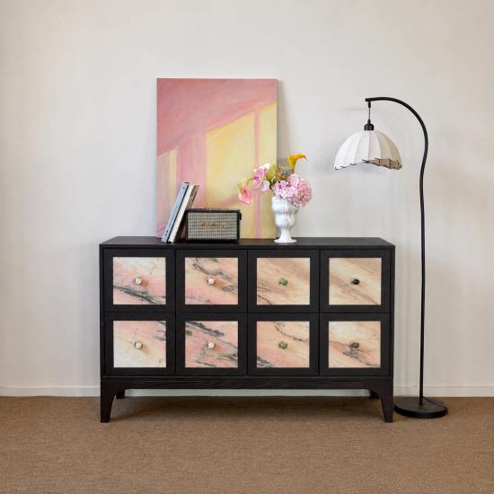 RF Commode en bois massif vintage | Meuble d'appoint avec incrustation en marbre rose naturel