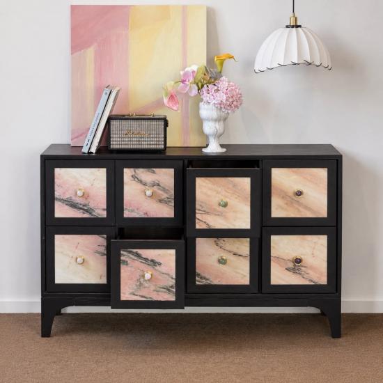 RF Commode en bois massif vintage | Meuble d'appoint avec incrustation en marbre rose naturel