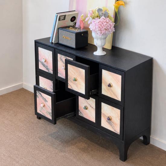 RF Commode en bois massif vintage | Meuble d'appoint avec incrustation en marbre rose naturel