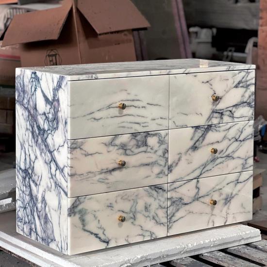 RF Commode à 6 tiroirs moderne et luxueuse en marbre Arabescato Viola | Meuble coiffeuse entièrement en marbre