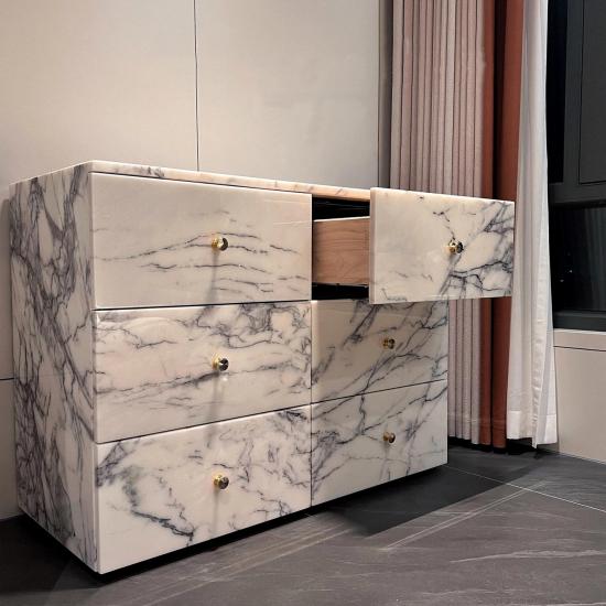 RF Commode à 6 tiroirs moderne et luxueuse en marbre Arabescato Viola | Meuble coiffeuse entièrement en marbre