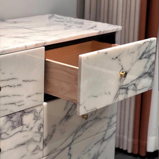 RF Commode à 6 tiroirs moderne et luxueuse en marbre Arabescato Viola | Meuble coiffeuse entièrement en marbre