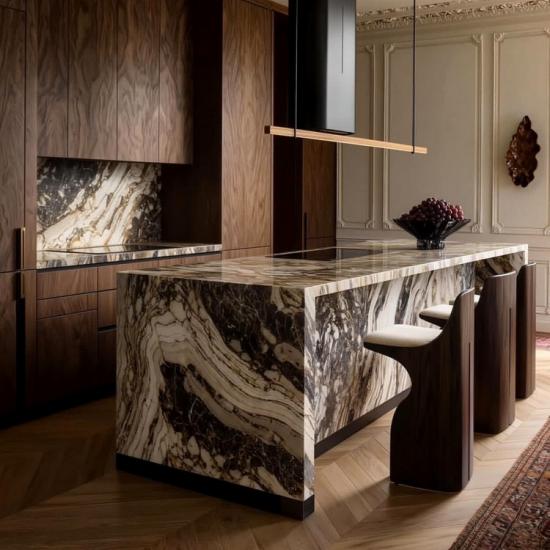 Îlot de cuisine en marbre Venice Brown | Comptoir de marbre courbé de luxe sur mesure pour villa