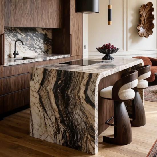 Îlot de cuisine en marbre Venice Brown | Comptoir de marbre courbé de luxe sur mesure pour villa