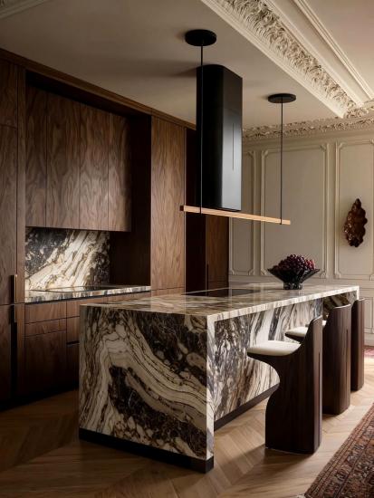 Îlot de cuisine en marbre Venice Brown | Comptoir de marbre courbé de luxe sur mesure pour villa