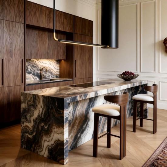 Îlot de cuisine en marbre Venice Brown | Comptoir de marbre courbé de luxe sur mesure pour villa